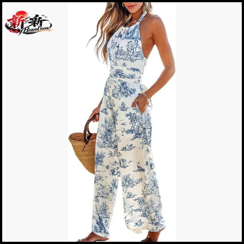 Polyester Spandex Halter Jumpsuit with Pockets Wide Leg Romper